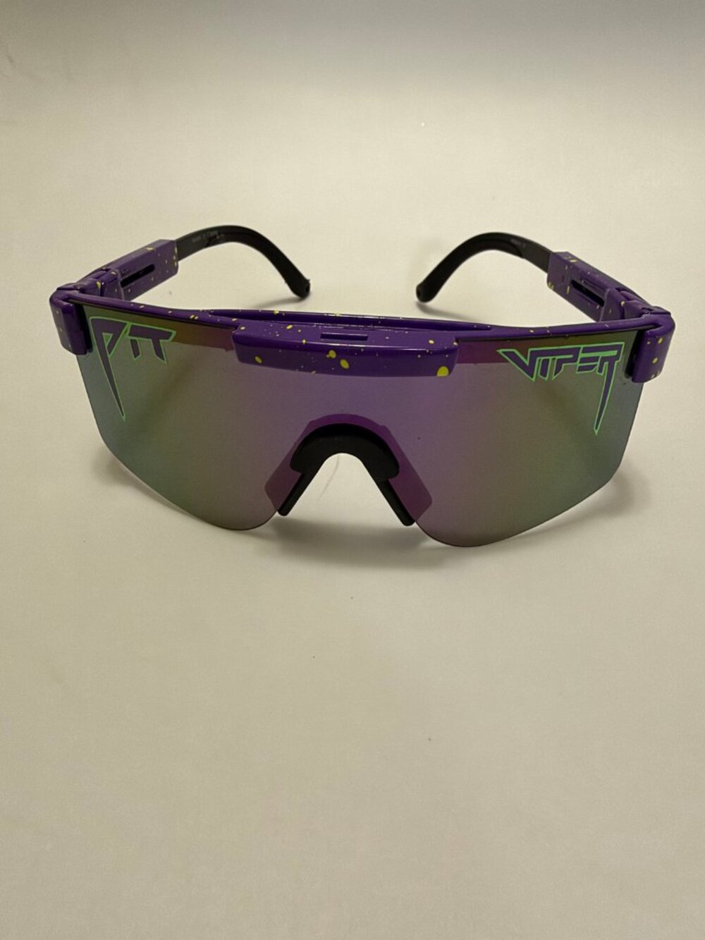 Unisex Shield Sunglasses – Pit Viper Style Purple Neon Splatter Mirrored